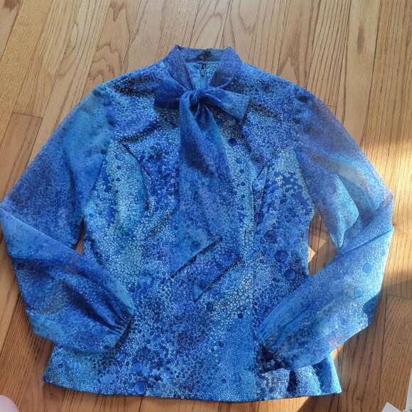 Vintage Hal Ferman Womens Size 8 Blue Skirt Blouse Set With Tie Neck Nwt - Picture 4 of 9